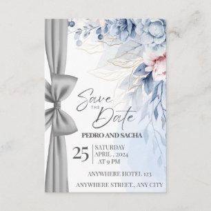 Elegante blaue Blumen-Save-the-Date-Karte mit Silb Begleitkarte