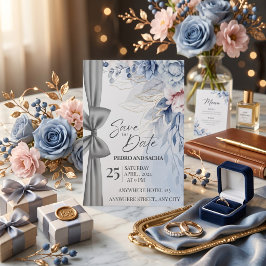 Elegante blaue Blumen-Save-the-Date-Karte mit Silb Einladung
