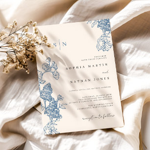 Elegante blaue Blumen-Spitze Elfenbein-Hochzeit Einladung
