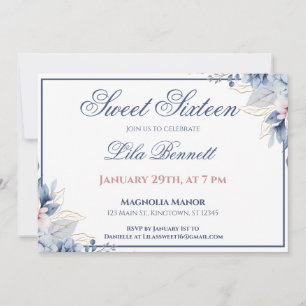Elegante blaue Blumen-Sweet-16-Einladung Einladung