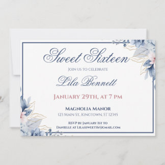 Elegante blaue Blumen-Sweet-16-Einladung Einladung