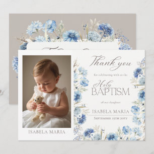 Elegante blaue Blumen-Taufe-Foto für Baby-Mädchen Dankeskarte