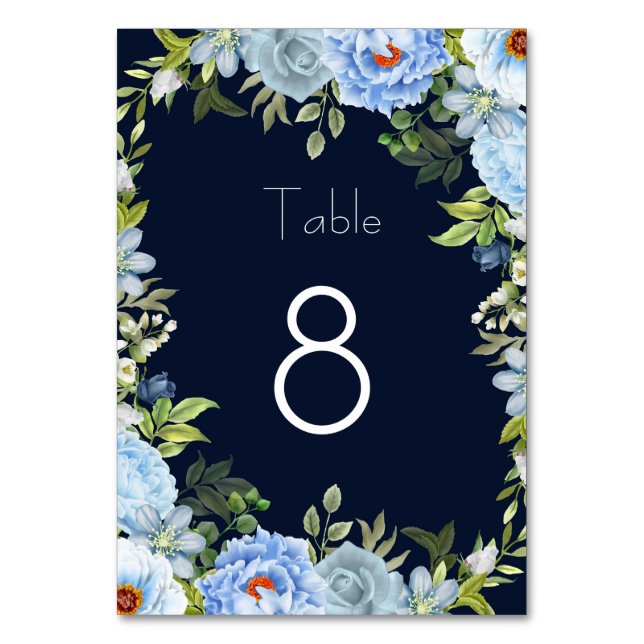 Elegante blaue Blumen Tischnummer (Vorderseite)