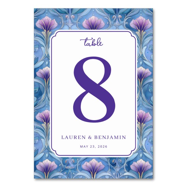 Elegante blaue Blumen-Tischnummer Tischnummer (Vorderseite)