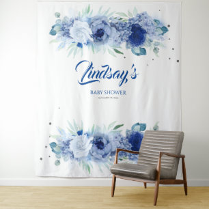 Elegante blaue Blumen und silbernes Konfetti Wandteppich