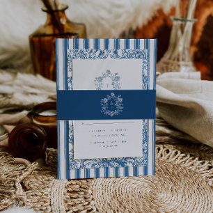 Elegante blaue Blumen-Wappen-Monogramm-Hochzeitsei Einladungsbanderole