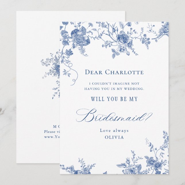 Elegante blaue Blumen werden Sie meine Brautjungfr Einladung (Vorne/Hinten)