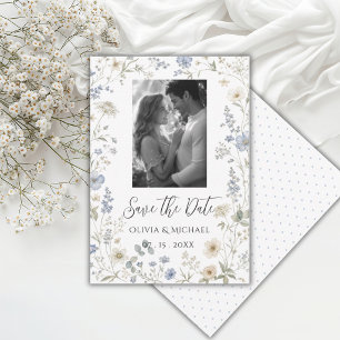 Elegante blaue Blumen-Wildblumen-Foto Save The Date
