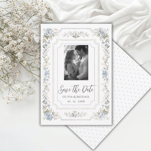 Elegante blaue Blumen-Wildblumen-Rahmen-Foto Save The Date