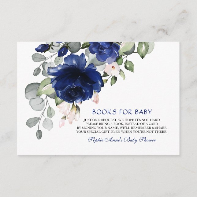 Elegante blaue Blumenbücher für Baby Begleitkarte (Vorderseite)