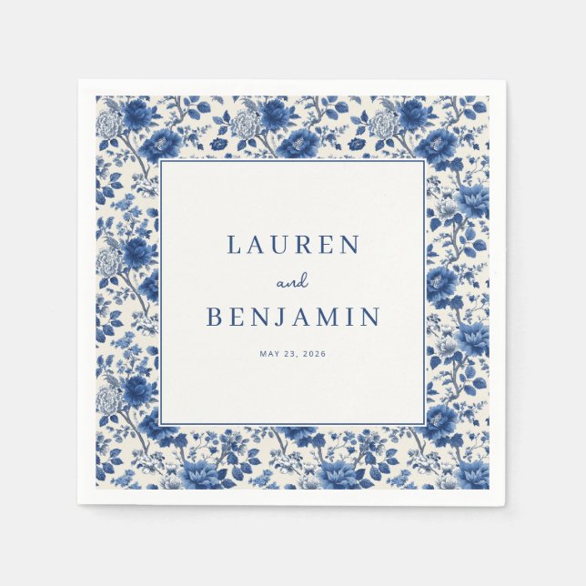 Elegante blaue Blumengrenze Serviette (Vorderseite)