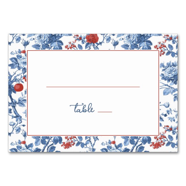 Elegante blaue Blumengrenze Tischnummer (Vorderseite)
