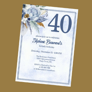 Elegante blaue Blumenparty zum 40. Geburtstag eine Einladung