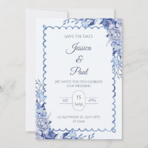 Elegante blaue Blumenrahmen-Hochzeitseinladung Einladung