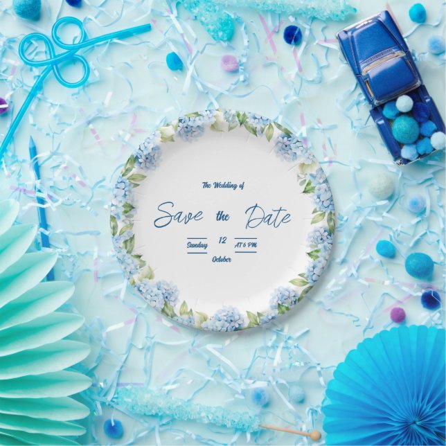 Elegante Blaue Blumige Hochzeit Pappteller (Party)
