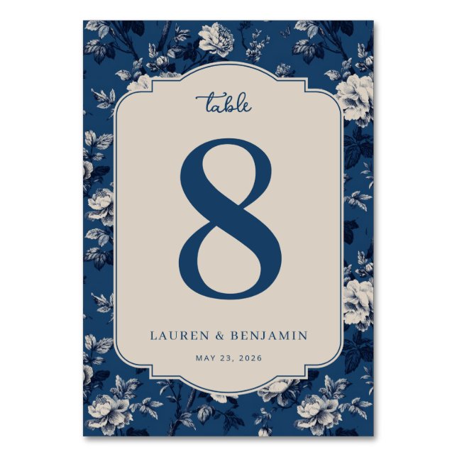 Elegante blaue Blumige Tischnummer (Vorderseite)