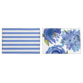 Elegante Blaue Blütenstände und Streifen Kissenbezug