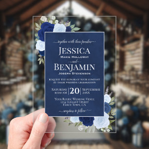 Elegante blaue Boho-Chic-Rosen stilvolle Text-Hoch Acryleinladungen
