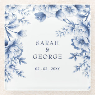Elegante blaue Chinoiserie-Blumen-Botanik-Hochzeit Glasuntersetzer