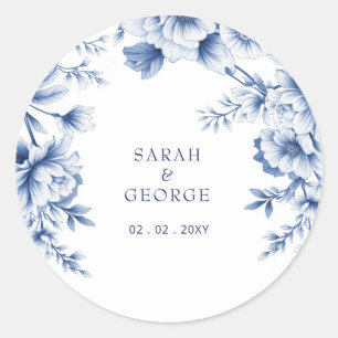 Elegante blaue Chinoiserie-Blumen-Botanik-Hochzeit Runder Aufkleber