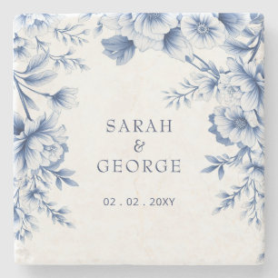 Elegante blaue Chinoiserie-Blumen-Botanik-Hochzeit Steinuntersetzer