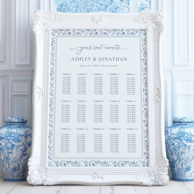 Elegante blaue Chinoiserie-Hochzeits-Sitzplan Poster (Von Creator hochgeladen)