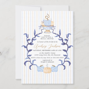 Elegante blaue Chinoiserie-Kürbis-Brautjungfernpar Einladung