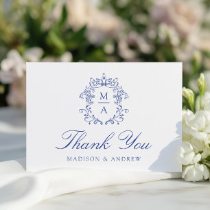 Elegante blaue Chinoiserie-Monogramm-Wappen-Hochze Dankeskarte