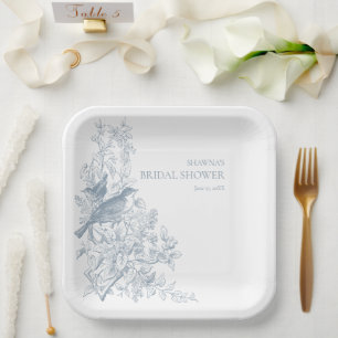 Elegante blaue Chinoiserie Natur Vogel Brautparty Pappteller