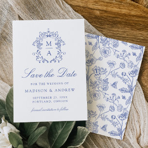 Elegante blaue Chinoiserie-Victorian-Blumenhochzei Save The Date