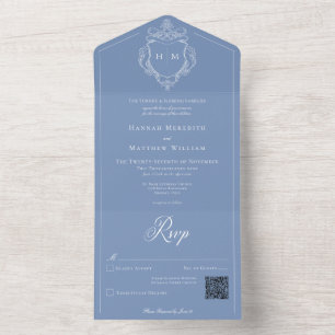 Elegante blaue Chinoiserie-Vogeldruck-Hochzeits-QR All In One Einladung