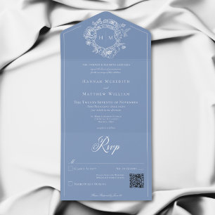 Elegante blaue Chinoiserie-Vogelemblem-Hochzeits-Q All In One Einladung