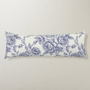 Elegante blaue cremefarbene Rosen Toile de Jouy Seitenschläferkissen