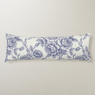 Elegante blaue cremefarbene Rosen Toile de Jouy Seitenschläferkissen