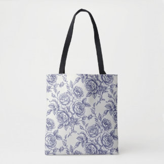 Elegante blaue cremefarbene Rosen-Toile de Jouy Tasche
