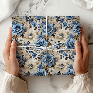 Elegante blaue Elfenbein-Blumen-Luxus-Verpackung Geschenkpapier