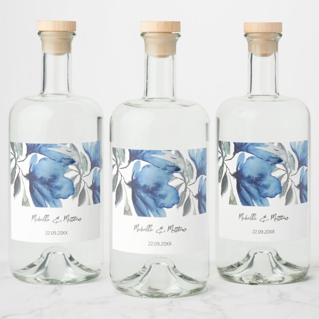 Elegante Blaue Flora Wasserfarbe Personalisiert Alkoholflaschenetikett (Flaschen)