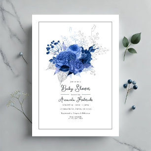 Elegante blaue florale Babyparty Einladung