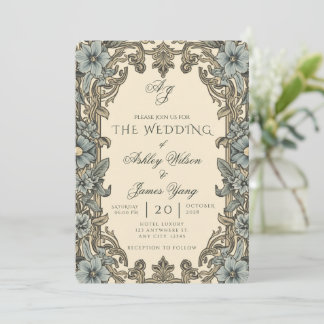 Elegante blaue florale botanische Hochzeitseinladu Einladung