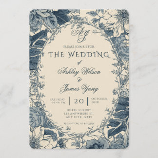Elegante blaue florale botanische Hochzeitseinladu Einladung