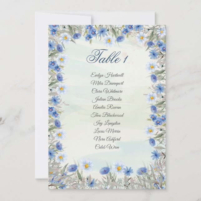 Elegante blaue florale Hochzeit Sitzplan Karte (Vorderseite)