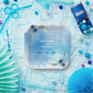 Elegante blaue florale Hochzeitseinladung Pappteller