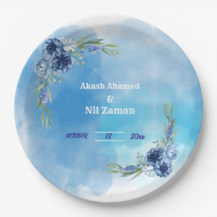 Elegante blaue florale Hochzeitseinladung Pappteller