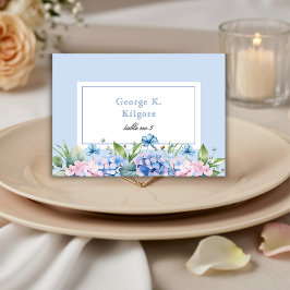 Elegante blaue florale Hortensien-Hochzeitsplatzka Tischnummer
