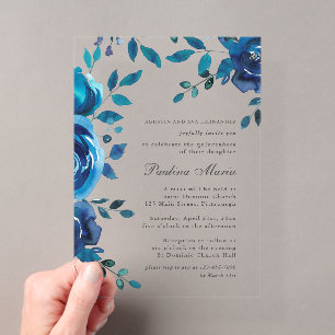 Elegante blaue florale Quinceañera Acryleinladungen