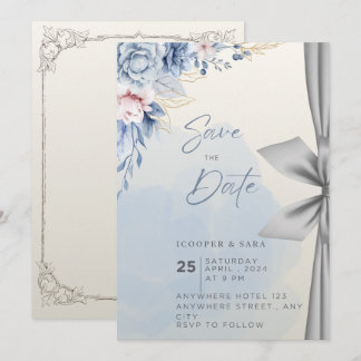 Elegante blaue florale Save-the-Date-Hochzeitseinl Einladung