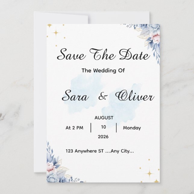 Elegante Blaue Florale Wasserfarbe Save The Date (Vorderseite)