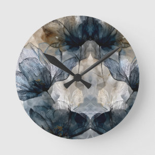 Elegante blaue florale Wasserfarben-Abstraktion Runde Wanduhr