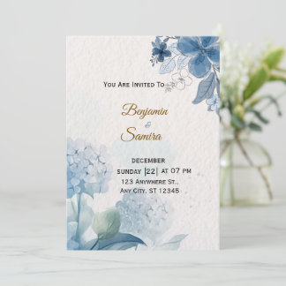 Elegante blaue florale Wasserfarben-Hochzeitseinla Einladung