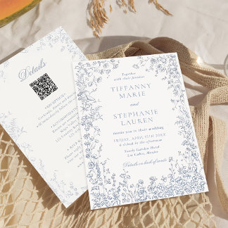 Elegante blaue französische Blumenhochzeitseinladu Einladung